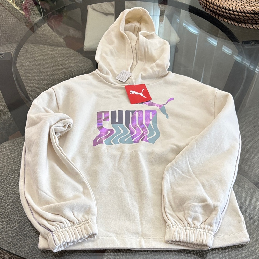 Puma Cream Hoodie with Purple and Blue Logo